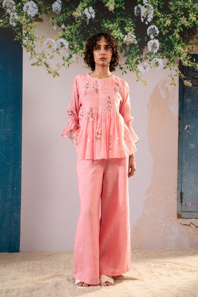 Dahlia Print Pleated Top And Flare Pant Set In Pure Chanderi And Linen - Two-Piece Set - Mizyana