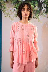 Dahlia Print Pleated Top And Flare Pant Set In Pure Chanderi And Linen - Two-Piece Set - Mizyana