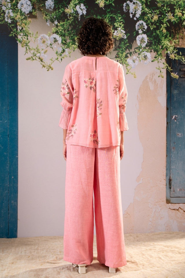 Dahlia Print Pleated Top And Flare Pant Set In Pure Chanderi And Linen - Two-Piece Set - Mizyana