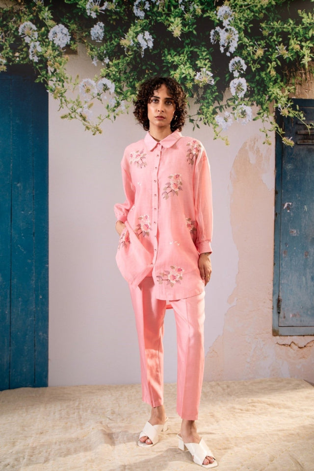 Dahlia Print Shirt And Pant Set In Chanderi - Two-Piece Set - Mizyana