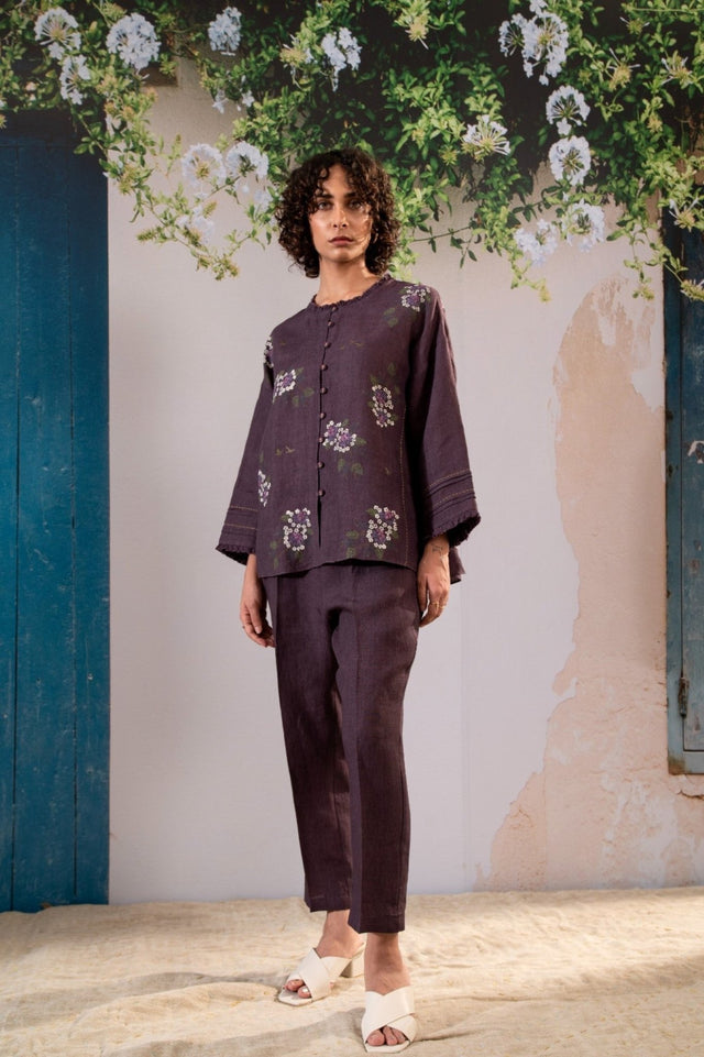 Dahlia Print Shirt And Pant Set In Linen - Two-Piece Set - Mizyana