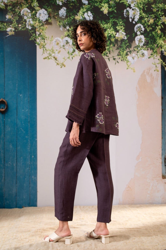 Dahlia Print Shirt And Pant Set In Linen - Two-Piece Set - Mizyana