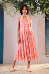 Dahlia Print Strap Dress In Pure Chanderi - Two-Piece Set - Mizyana