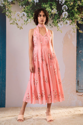 Dahlia Print Strap Dress In Pure Chanderi - Two-Piece Set - Mizyana