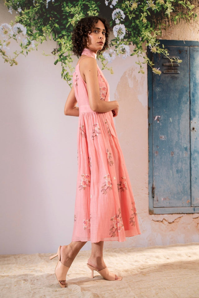 Dahlia Print Strap Dress In Pure Chanderi - Two-Piece Set - Mizyana