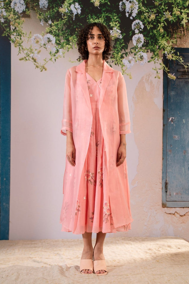 Dahlia Print Strap Dress With Solid Organza Jacket In Organza And Chanderi - Two-Piece Set - Mizyana