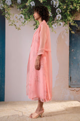 Dahlia Print Strap Dress With Solid Organza Jacket In Organza And Chanderi - Two-Piece Set - Mizyana