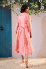Dahlia Print Strap Dress With Solid Organza Jacket In Organza And Chanderi - Two-Piece Set - Mizyana