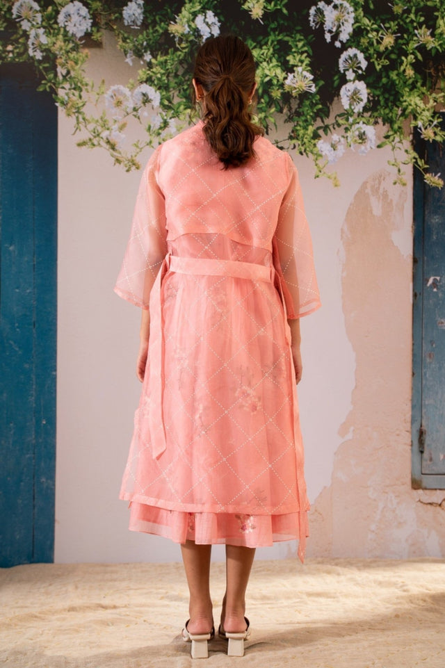 Dahlia Print Top Jacket And Skirt Set In Pure Chanderi And Organza - Two-Piece Set - Mizyana
