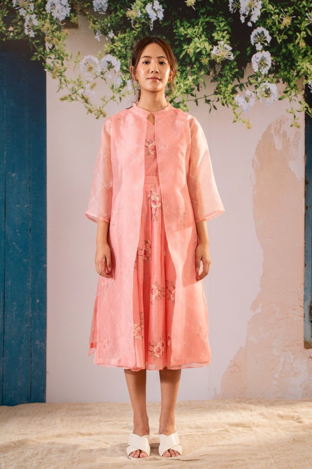 Dahlia Print Top Jacket And Skirt Set In Pure Chanderi And Organza - Two-Piece Set - Mizyana