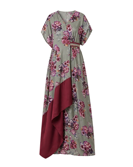 Dainty Rose Sage and Burgundy Floral Print Kaftan - Kaftan - Mizyana