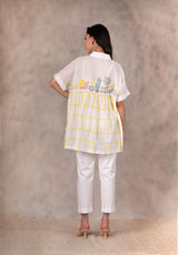 Daisy And Checks Print Top With Handmade Details In Cotton Silk And Linen Pants Set - Two-Piece Set - Mizyana