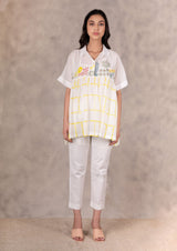 Daisy And Checks Print Top With Handmade Details In Cotton Silk And Linen Pants Set - Two-Piece Set - Mizyana