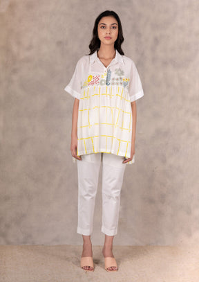 Daisy And Checks Print Top With Handmade Details In Cotton Silk And Linen Pants Set - Two-Piece Set - Mizyana