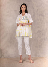 Daisy And Checks Print Top With Handmade Details In Cotton Silk And Linen Pants Set - Two-Piece Set - Mizyana