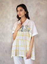 Daisy And Checks Print Top With Handmade Details In Cotton Silk And Linen Pants Set - Two-Piece Set - Mizyana