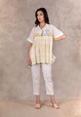 Daisy And Checks Print Top With Handmade Details In Cotton Silk And Linen Pants Set - Two-Piece Set - Mizyana