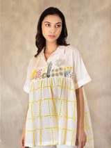 Daisy And Checks Print Top With Handmade Details In Cotton Silk And Linen Pants Set - Two-Piece Set - Mizyana