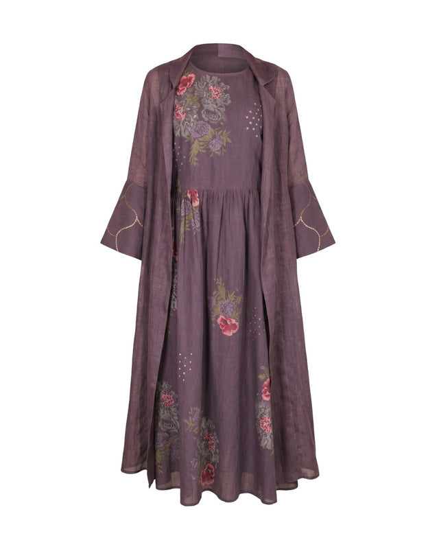 Dessert Rose Lavender Floral Print Dress with Embroidered Sheer Jacket - Dress - Mizyana