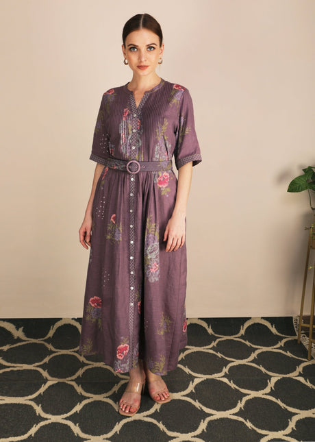 Dessert Rose Print Lavender Dress With Belt - Dress - Mizyana