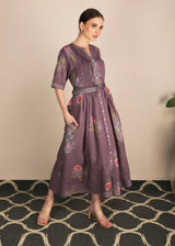 Dessert Rose Print Lavender Dress With Belt - Dress - Mizyana