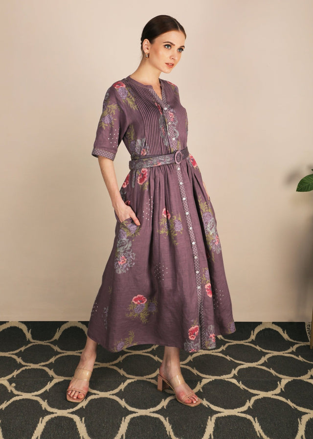 Dessert Rose Print Lavender Dress With Belt - Dress - Mizyana