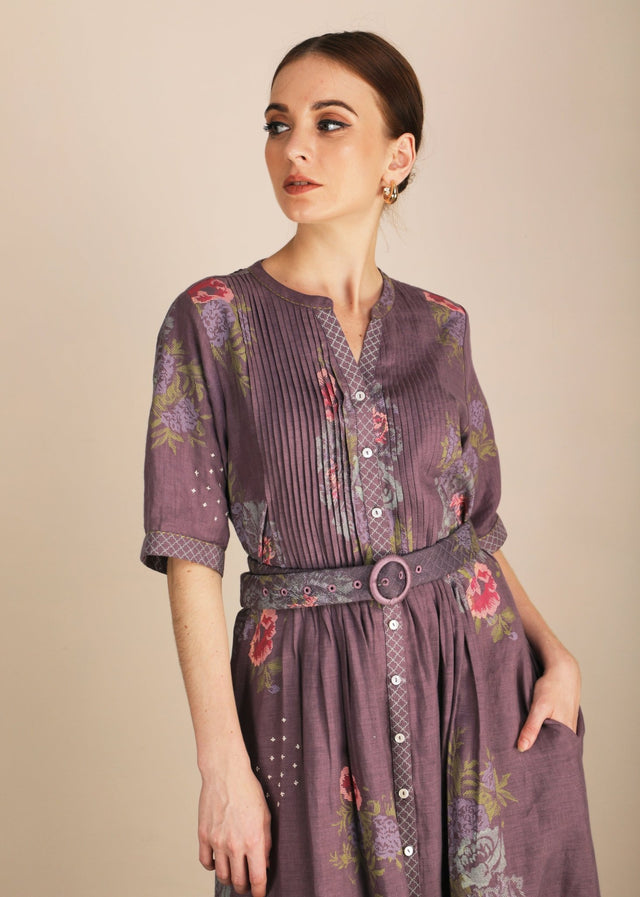 Dessert Rose Print Lavender Dress With Belt - Dress - Mizyana