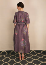 Dessert Rose Print Lavender Dress With Belt - Dress - Mizyana