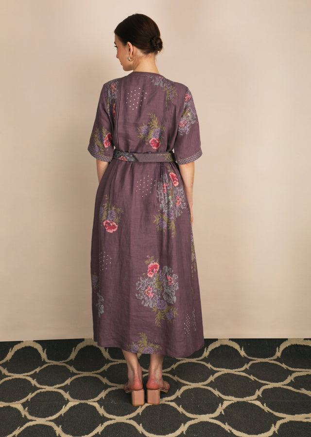 Dessert Rose Print Lavender Dress With Belt - Dress - Mizyana