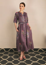 Dessert Rose Print Lavender Dress With Belt - Dress - Mizyana