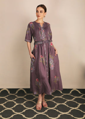 Dessert Rose Print Lavender Dress With Belt - Dress - Mizyana