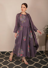 Dessert Rose Print Lavender Dress With Embroidered Jacket - Dress - Mizyana