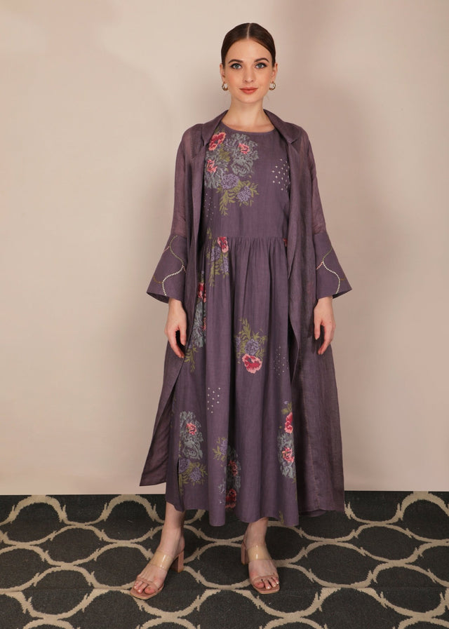 Dessert Rose Print Lavender Dress With Embroidered Jacket - Dress - Mizyana