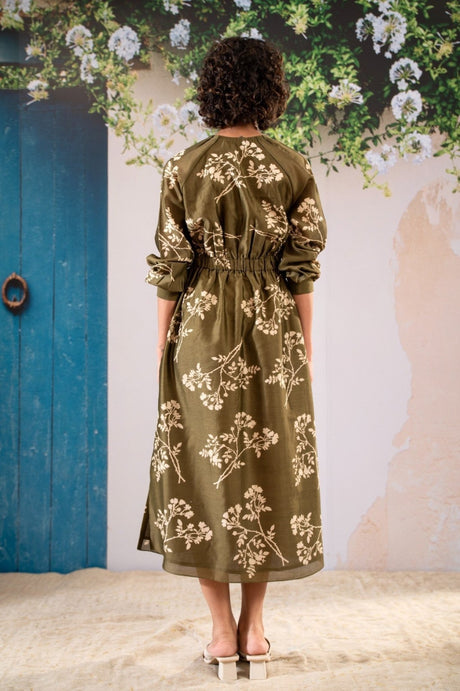 Discharge Print Dress With Elasticated Waist back view with gathered waist