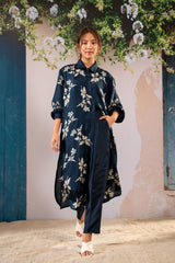 Discharge Print Long Shirt Top And Pant Set In Silk - Two-Piece Set - Mizyana