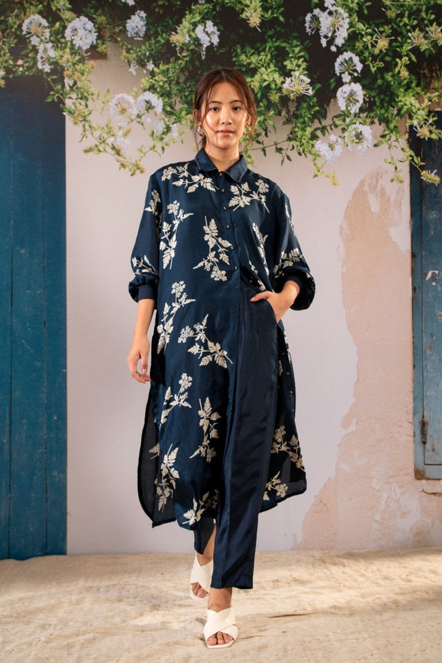 Discharge Print Long Shirt Top And Pant Set In Silk - Two-Piece Set - Mizyana