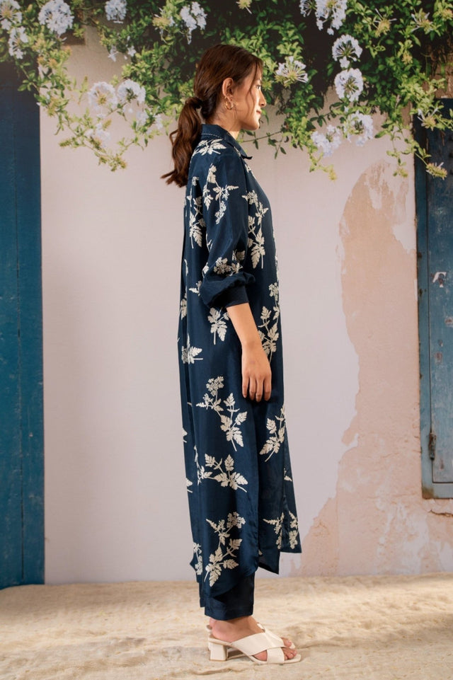Discharge Print Long Shirt Top And Pant Set In Silk - Two-Piece Set - Mizyana