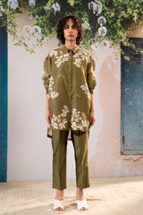 Discharge Print Oversized Shirt And Pant Set In Chanderi - Two-Piece Set - Mizyana