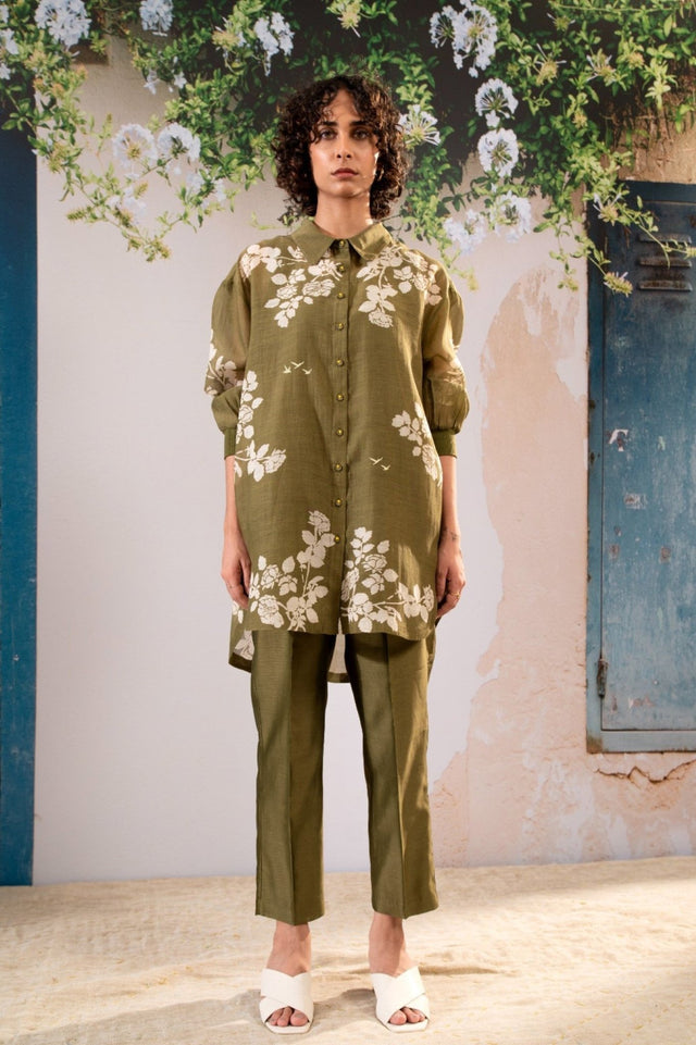 Discharge Print Oversized Shirt And Pant Set In Chanderi - Two-Piece Set - Mizyana