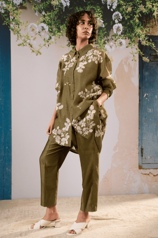 Discharge Print Oversized Shirt And Pant Set In Chanderi - Two-Piece Set - Mizyana