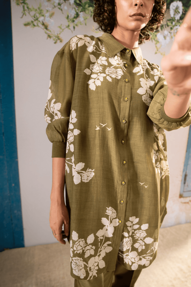 Discharge Print Oversized Shirt And Pant Set In Chanderi - Two-Piece Set - Mizyana