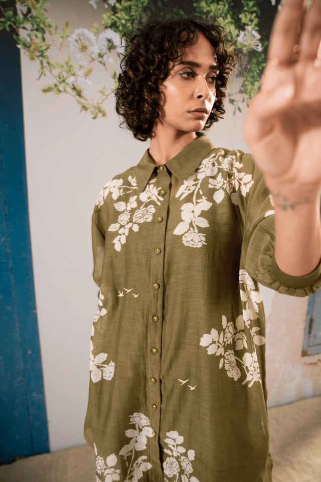 Discharge Print Oversized Shirt And Pant Set In Chanderi - Two-Piece Set - Mizyana