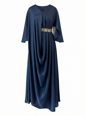 Drape Navy Kaftan with Handwork Side Belt - Kaftan - Mizyana
