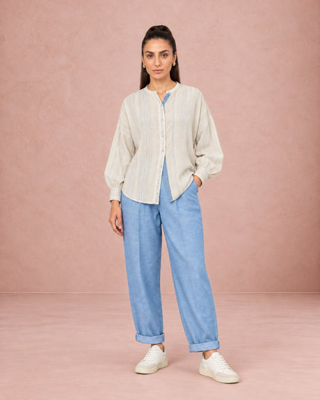 Drift Striped Shirt and Cerulean Carrot-Fit Trousers Two-Piece Set - Two-Piece Set - Mizyana