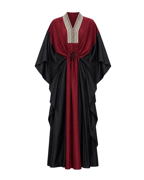 Dual Shade Burgundy and Black Kaftan with Embellished Neckline - Kaftan - Mizyana