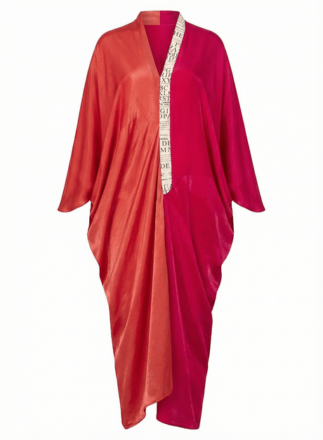 Dual Tone Coral and Fuchsia Color Block Kaftan with Letter Print Lapel - Kaftan - Mizyana