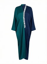 Dual Tone Teal and Royal Blue Color Block Drape Kaftan - Kaftan - Mizyana