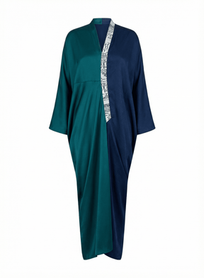 Dual Tone Teal and Royal Blue Color Block Drape Kaftan - Kaftan - Mizyana