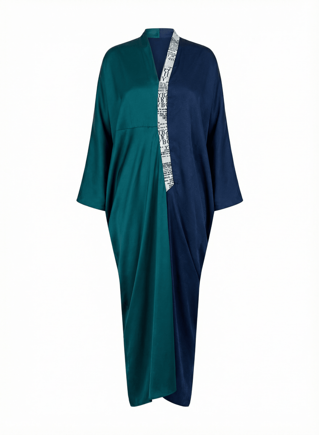 Dual Tone Teal and Royal Blue Color Block Drape Kaftan - Kaftan - Mizyana
