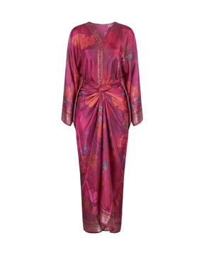 Dusky Burgundy Floral Print Kaftan Top and Draped Skirt Co-ord Set - Co-ord Set - Mizyana